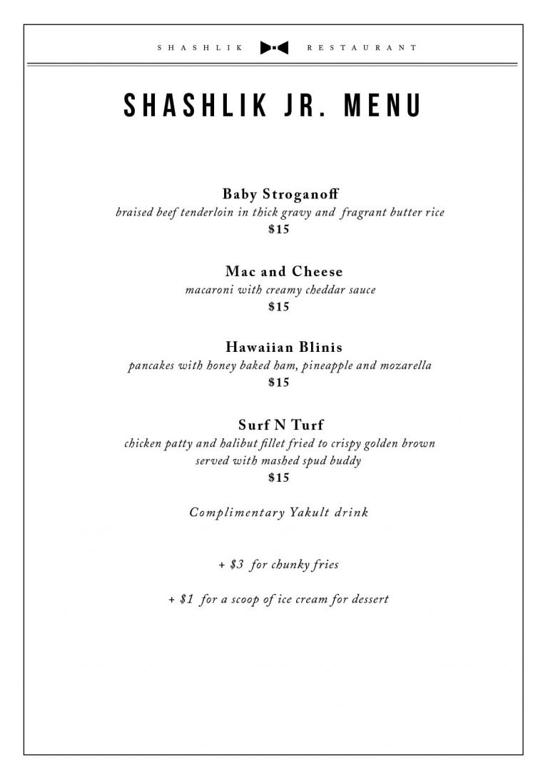 Junior Menu Shashlik Restaurant